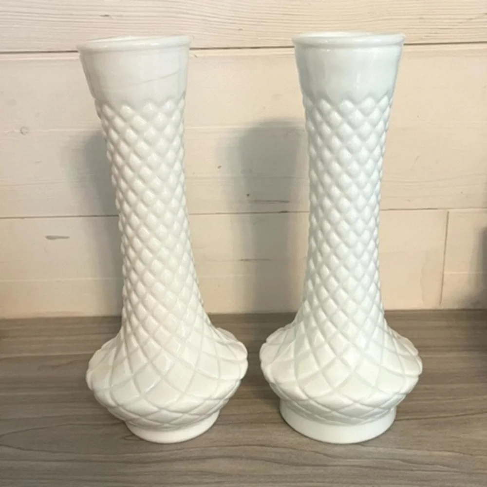 Vintage Diamond Patterned Milk Glass Vases Set of Two